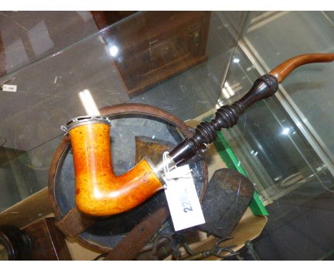 A LARGE 19th.C.MEERSCHAUM PIPE WITH TURNED COROMANDEL STEM AND COMPOSITION MOUTHPIECE, THE BOWL WITH SILVER PLATED MOUNTS AND