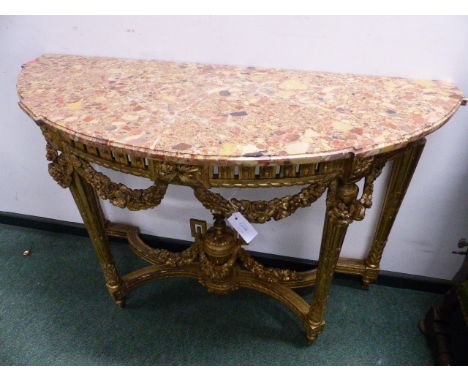 AN ANTIQUE FRENCH CARVED GILTWOOD LOUIS XVI STYLE DEMI LUNE MARBLE TOP CONSOLE TABLE WITH PIERCED FRIEZE WITH SWAGS.   H.84 x