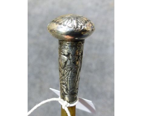 A LATE 19th.C.ORIENTAL RHINO HORN AND SILVER MOUNTED SWAGGER STICK, THE MOUNT WITH EMBOSSED DECORATION OF A SAGE.   L.65cms.