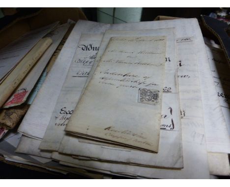 A GROUP OF 19th.C.VELLUM INDENTURES AND AGREEMENTS, VARIOUS SHARE CERTIFICATES, EARLY NEWSPAPERS AND OTHER EPHEMERA.