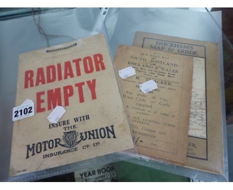 A RARE MOTOR UNION INSURANCE RADIATOR EMPTY SERVICE WORKSHOP TAG TOGETHER WITH TWO VINTAGE ROAD MAPS ADVERTISING THOMAS W THA