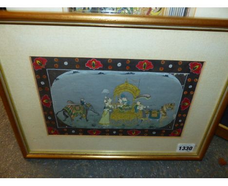 FOUR INDO PERSIAN MINIATURE PAINTINGS AND MANUSCRIPT PAGES AND A PAIR OF ORIENTAL PORTRAITS FRAMED AS ONE.   (5)