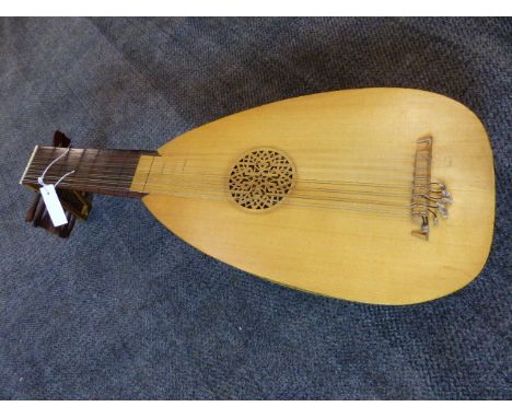 A FINE HAND MADE LUTE BY IAN HARWOOD & JOHN ISAACS, 1964 No.44 WITH SCALLOP SHAPED MAPLE BOWL BACK AND IN AN ASSOCIATED PROTE