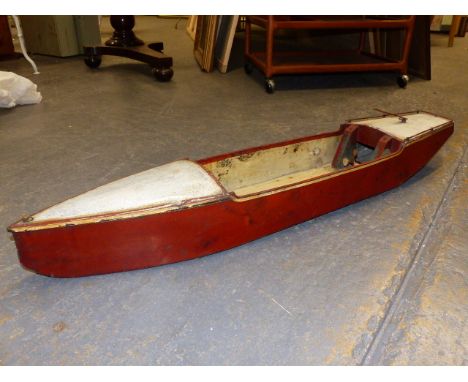 A SCRATCH BUILT MODEL BOAT WITH PAINTED WOODEN HULL AND ALLOY DECK.
