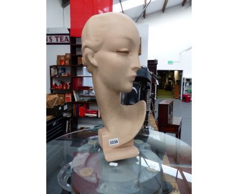 A MID CENTURY PLASTER SHOP DISPLAY HEAD MANNEQUIN.