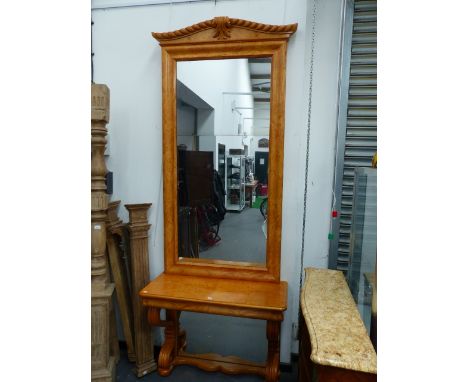 AN IMPRESSIVE ANTIQUE CONTINENTAL SATINBIRCH PIER MIRROR AND CONSOLE TABLE WITH CARVED ARCHED CORNICE, BASE WITH MOULDED EDGE