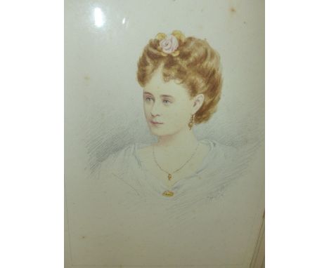 ENGLISH SCHOOL (19th.C.)    BUST LENGTH PORTRAIT OF A LADY, SIGNED WITH INITIALS H.J.W. (OR M.) WATERCOLOUR.   30 x 19cms.