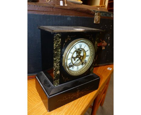A VICTORIAN BLACK SLATE MANTLE CLOCK WITH VISIBLE ESCAPEMENT.   H.26cms.