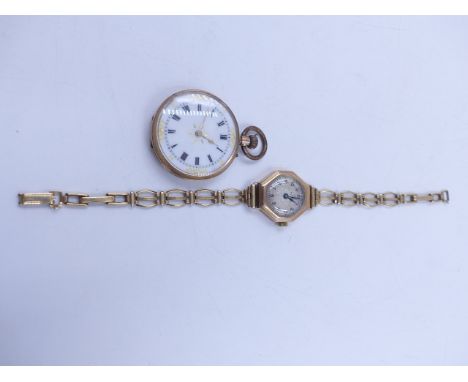 A 9ct YELLOW GOLD LADIES MANUAL WOUND RECORD WATCH ON A GATE STYLE BRACELET,(WOUND BUT NO LONGER WORKING) TOGETHER WITH A 9ct