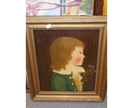 BRITISH SCHOOL.   A GEORGIAN PRIMITIVE PORTRAIT OF A YOUNG BOY JOHN PRITCHARD, OIL ON CANVAS INSCRIBED ON A LABEL VERSO.   41