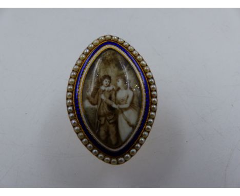 A GEORGIAN NAVETTE- SHAPED MOURNING RING. THE SEPIA HAND PAINTED SCENE DEPICTS A MOTHER AND CHILD IN FULL MINIATURE PORTRAIT,