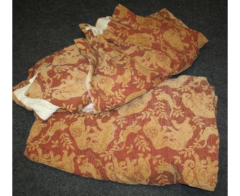 A pair of lined and interlined curtains, pale raspberry with mustard elephant and tigers approx. 5' wide x 6' drop