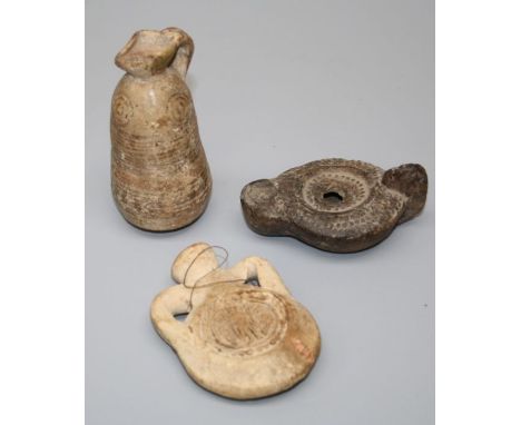 A Cypriot pottery juglet 750-600BC, a Roman pottery lamp, c 3rd century AD, a Byzantio pottery ' St Menas' pilgrim flask