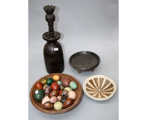 A quantity of hardstone, wood and composition eggs, six various wooden and ceramic bowls, a vase etc&nbsp;