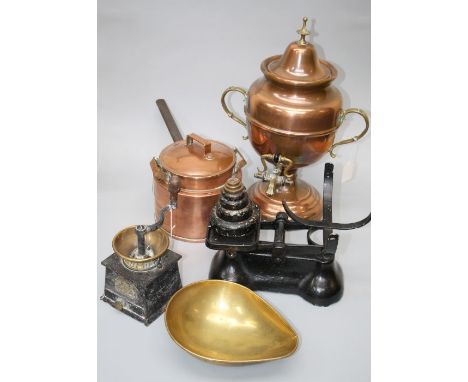 A Victorian copper samovar, copper kettle, shovel, warming coffee grinder and a set of pans scales with weights