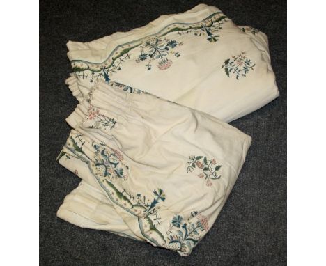 Four cream, florally embroidered curtains, each lined and interlined, approx. 2'8'' x 7' drop, a similar pair with 6' drop an