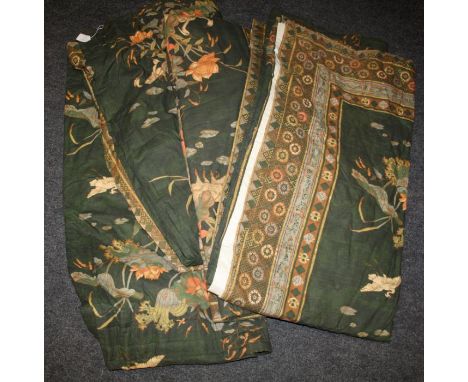 Two pairs of lined and interlined curtains, approx. 6' x 6' drop, green ground with Oriental crane and floral pattern