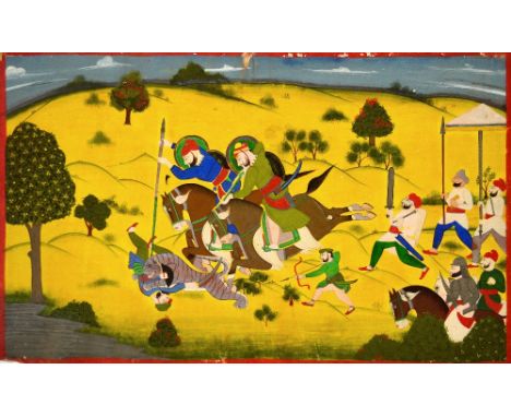 Kotah School, c.1880, a large Indian miniature painting depicting a hunting scene, opaque watercolour on paper, 42.7x68.8cm C