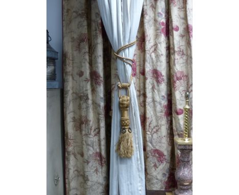 A pair of lined cotton ticking drapes with tie backs and a pair of floral lace drapes with tie backs (two pairs)