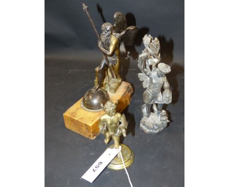 An early Italianate winged bronze putto holding a duck, another figure of Father Time on a marble base and a figure of St Geo