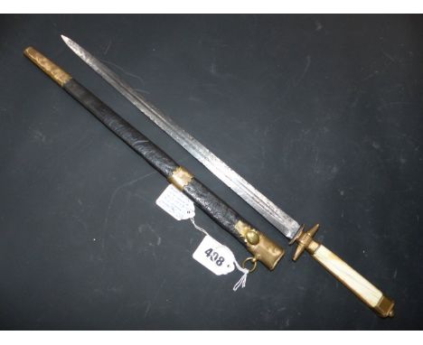 A GEORGIAN NAVAL OFFICERS DIRK 35CM FULLERED BLADE MARKED NUBLEY. GILDED COPPER HILT, THE CROSSGAURD OF ANCHOR ARM FORM. CONT