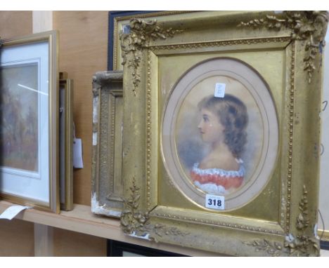19th.C. English School. Watercolour portrait of a young girl, A Continental Lake scene and five topographical pencil studies,
