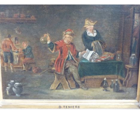 Old master oil painting. The Alchemist. Oil on panel