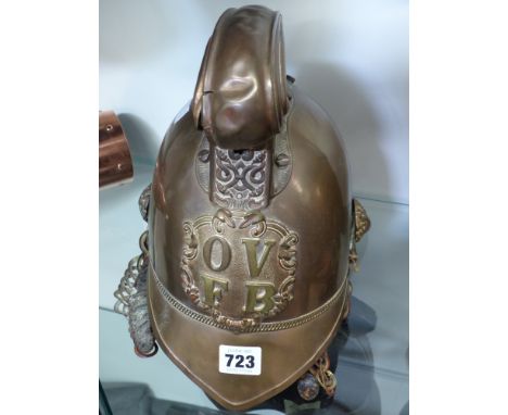 A Victorian brass Merry Weather fireman's helmet with badge of Oxford Volunteer Fire Brigade