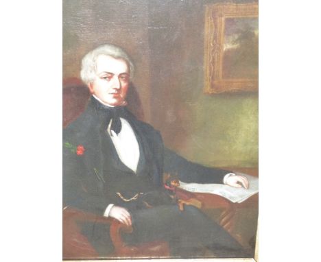 19th.C. English School Portrait of a Seated Gentleman Reading the Times, oil on canvas
