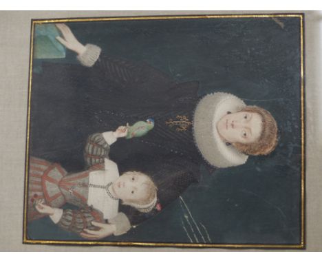 A finely painted miniature portrait of a mother and child in 17th Century style dress