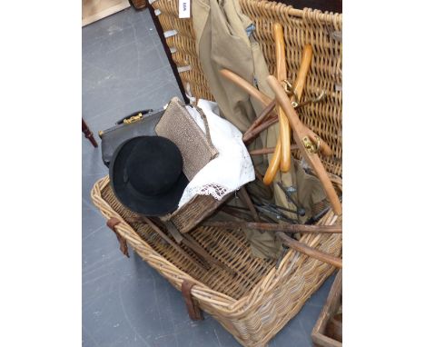 A quantity of vintage costume to include white work dresses, a snake skin purse by Edwards & Sons Regent St, London, a bowler