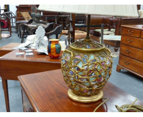 An unusual pair of mosaic decorated table lamps together with a Poole pottery vase, three architectural from brackets and var