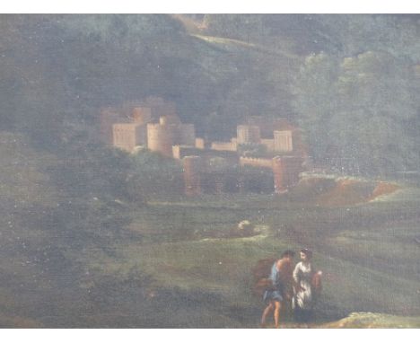Old master oil painting of a Italianate landscape with figures. Oil on canvas, carved giltwood frame