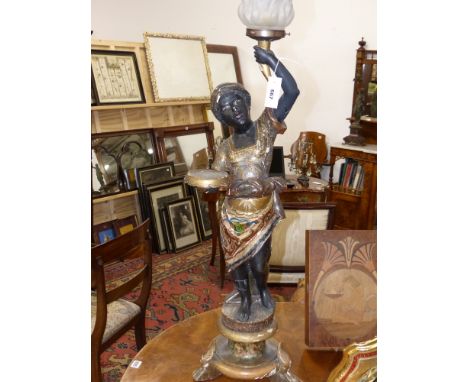 An Antique carved and decorated blackamoor standing torchere figure adapted as a lamp