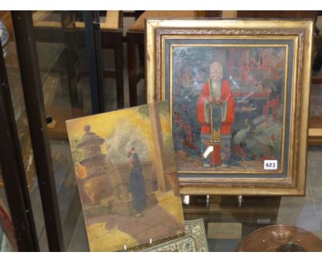 P A Staynes (1875-1953). "Standing sage". inscribed on label on reverse. Oil on panel and a temple scene by another hand