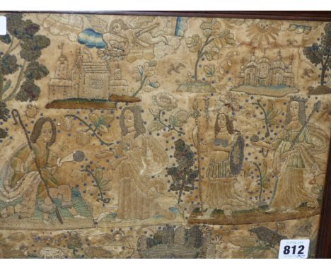 An early crewel and stumpwork picture of four figures in a landscape with buildings, animals and birds together with a framed
