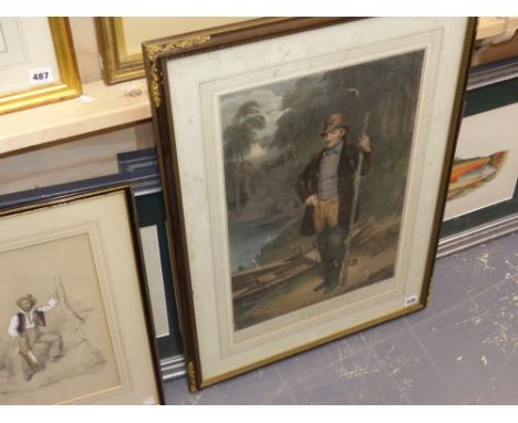 A hand coloured portrait print of a sport fisherman, entitles Rob o'the Throws after R.Frain, a watercolour of a poacher and 
