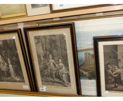 Two 18th.C. prints of children with pets, a hand coloured view of Kenilworth Castle and another after the Old Master original