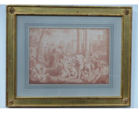 Old master red chalk drawing. Allegorical figures within classical architectural setting