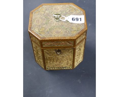 A Georgian inlaid octagonal rolled paper tea caddy each panel with floral motif