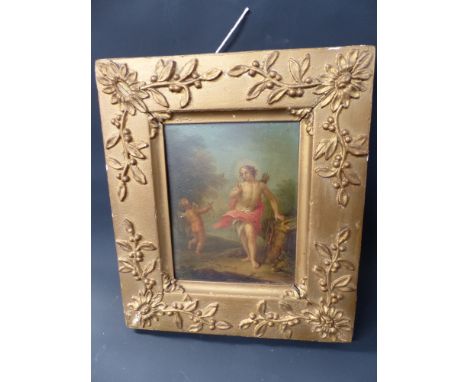 18th/19th Century Continental School. Allegorical scene with Cupid and another figure in landscape setting. Oil on panel