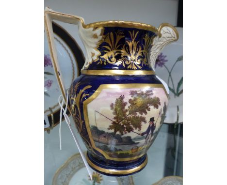 An early 19th Century pitcher decorated with anglers and hunter. Cobalt blue with gilt accents