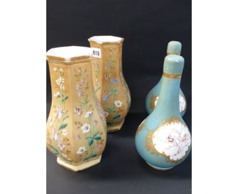 A pair of unusual Victorian opaline vases of panel form with polychrome floral and insect decoration, a pair of English Frenc