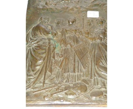 An Antique bronze relief plaque of an allegorical scene and musicians signed illegibly 