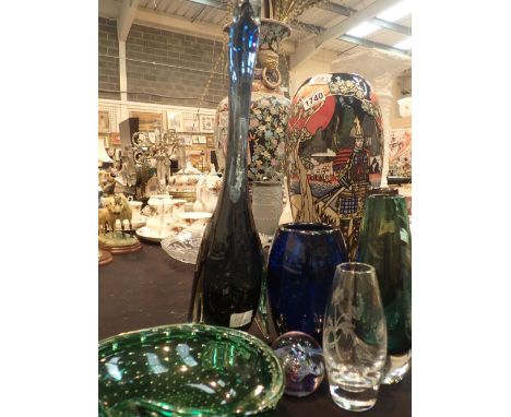 Seven pieces of art glass including four vases duck Caithness paperweight and control bubble dish Whitefriars