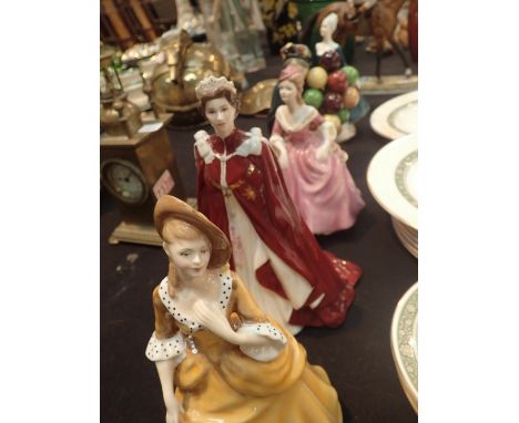 Five figurines of ladies including a Royal Worcester Queens 80th Birthday 2006 example along with Royal Doulton and Coalport 