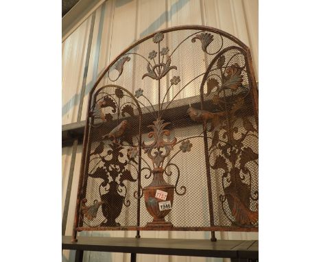 Large decorative wrought iron and mesh fire screen 