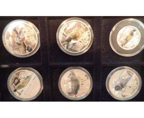 Boxed set of six Battle of Britain silver proof with enamel five pound coins
