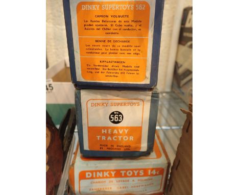 Boxed Dinky Supertoys Heavy Tractor No 563 Dumper Truck No 562 and Dinky toys Covenrtry Climax Fork Lift No 140