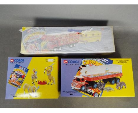 Corgi Classics - 3 x boxed Chipperfields related items, # 97888 Foden closed pole truck with Caravan, # 14201 Foden S21 artic